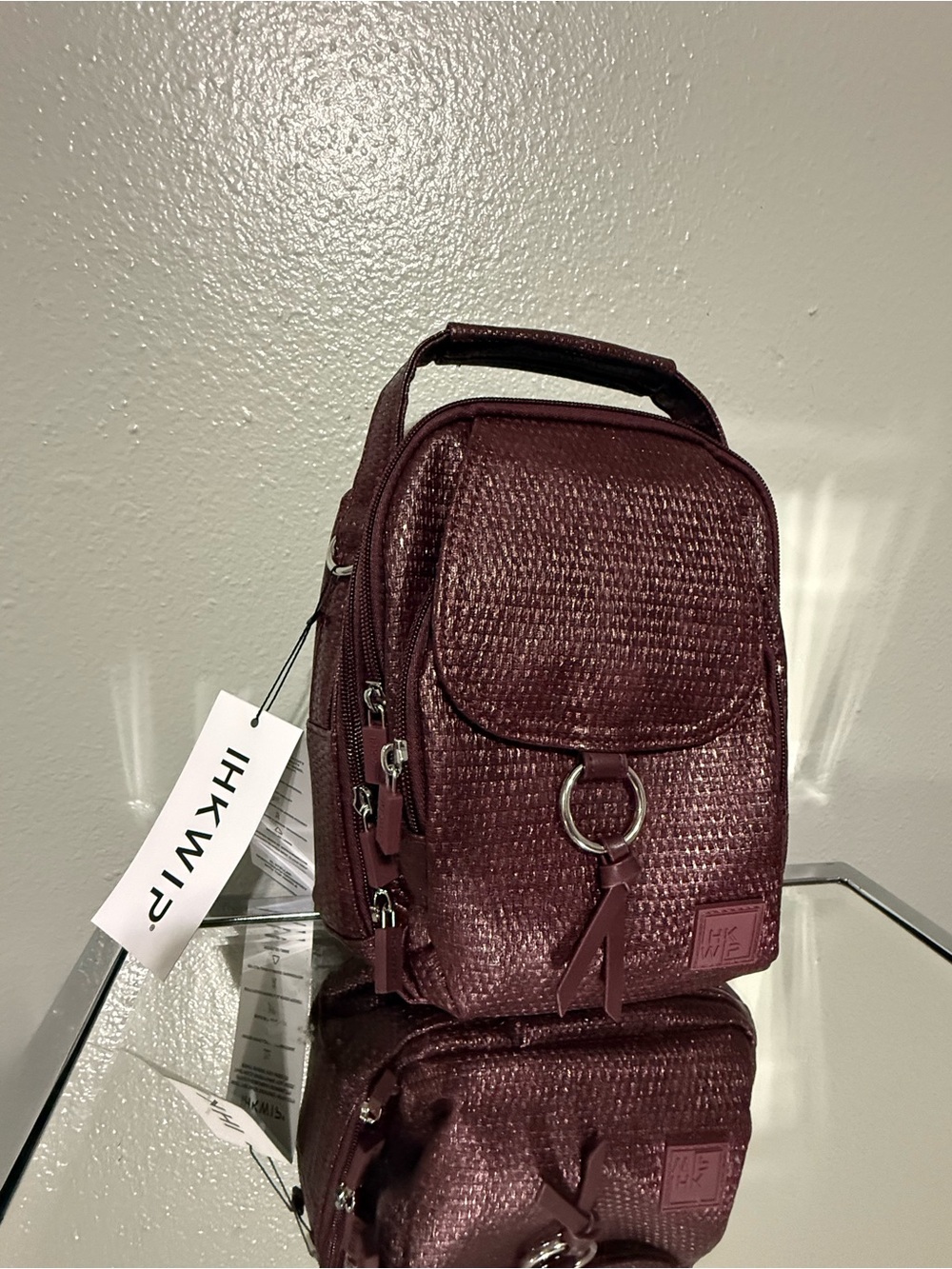 IHKWIP XL Stellar North/South Crossbody Top Handle Bag Burgundy Woven NWT - Picture 4 of 16